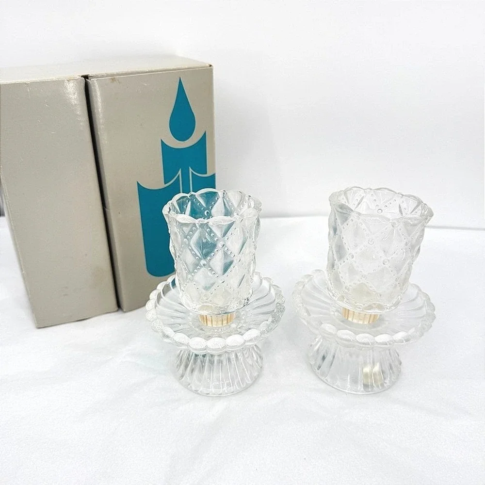 PartyLite Quilted Crystal Pair Votive Candle Holder Set w/ Box Vintage Decor